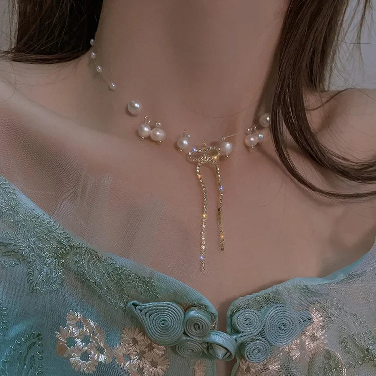 Simple Pearl Choker Necklaces for Women Fashion Double Layer Chain Small Love Heart Pendant Necklace Jewelry Gift Wholesale