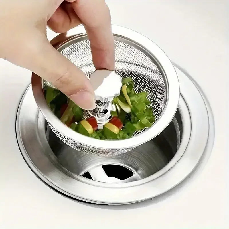 2 Set Kitchen Sink Strainer With Handle & Stopper Replacement Drain Basket Stainless Steel Mesh Filter Waste Hole