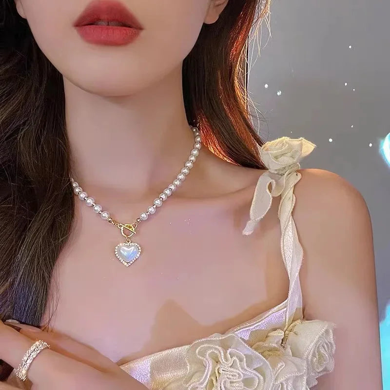 Simple Pearl Choker Necklaces for Women Fashion Double Layer Chain Small Love Heart Pendant Necklace Jewelry Gift Wholesale