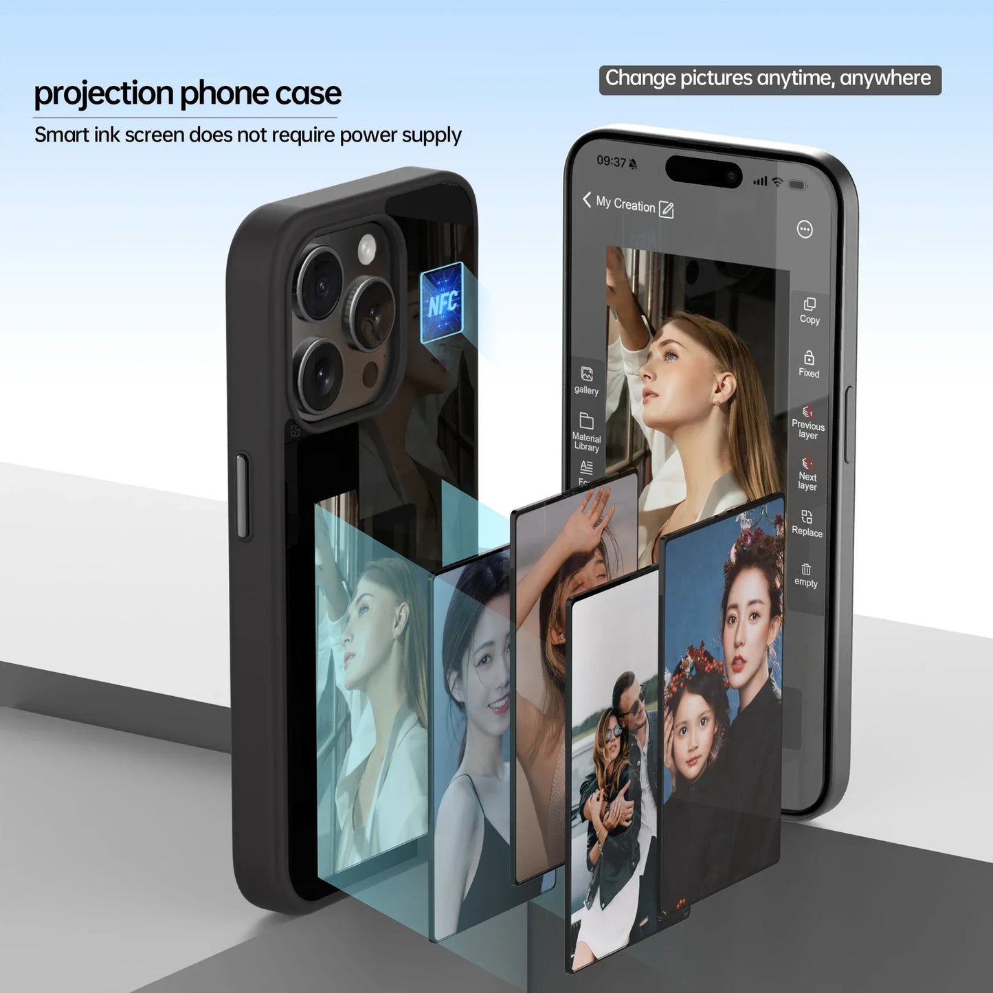 2025 Newest Phone Case Smart Ink Phone Case NFC Transmission DIY Photo Display Change for IPhone 15/Pro/Pro Max Classic Black