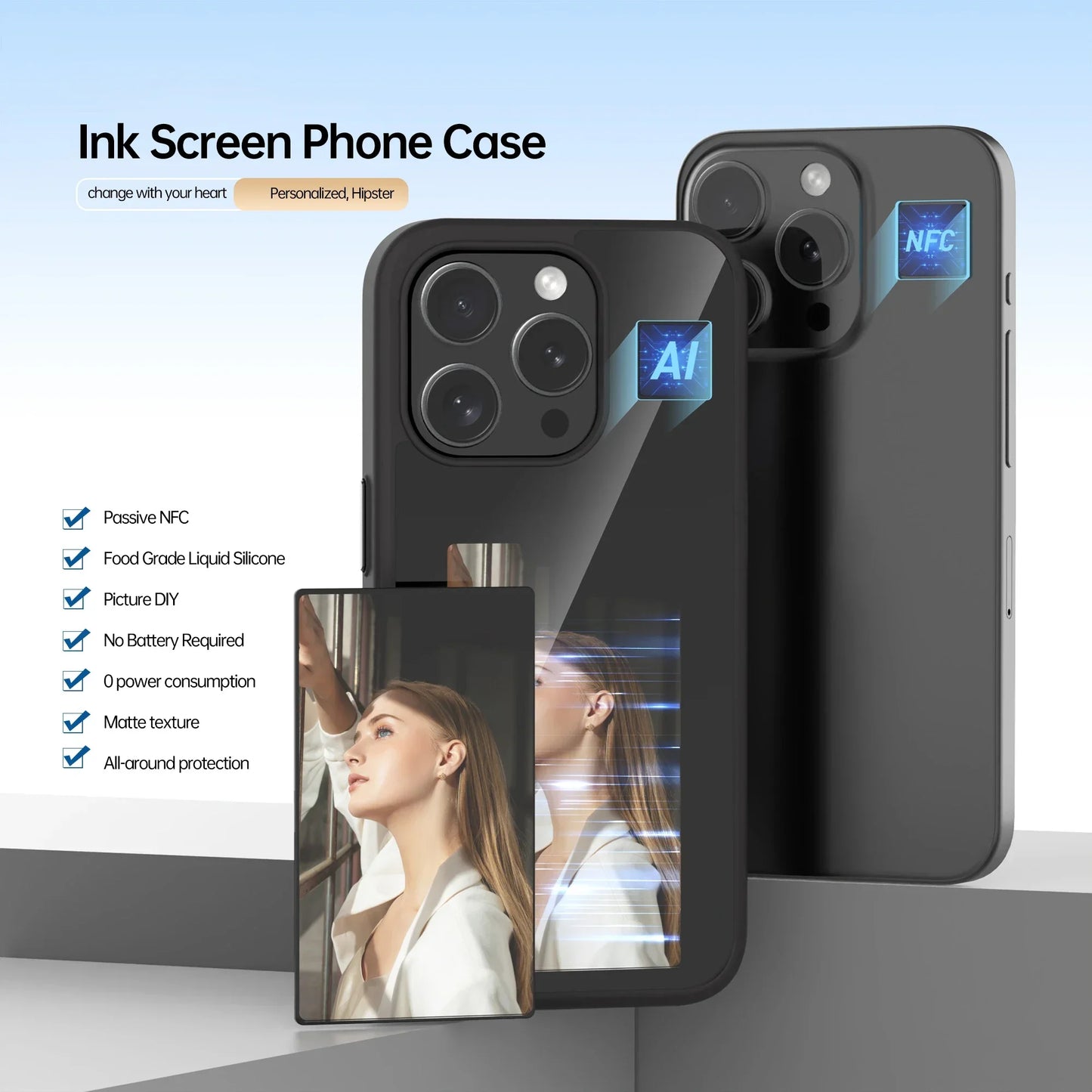 2025 Newest Phone Case Smart Ink Phone Case NFC Transmission DIY Photo Display Change for IPhone 15/Pro/Pro Max Classic Black
