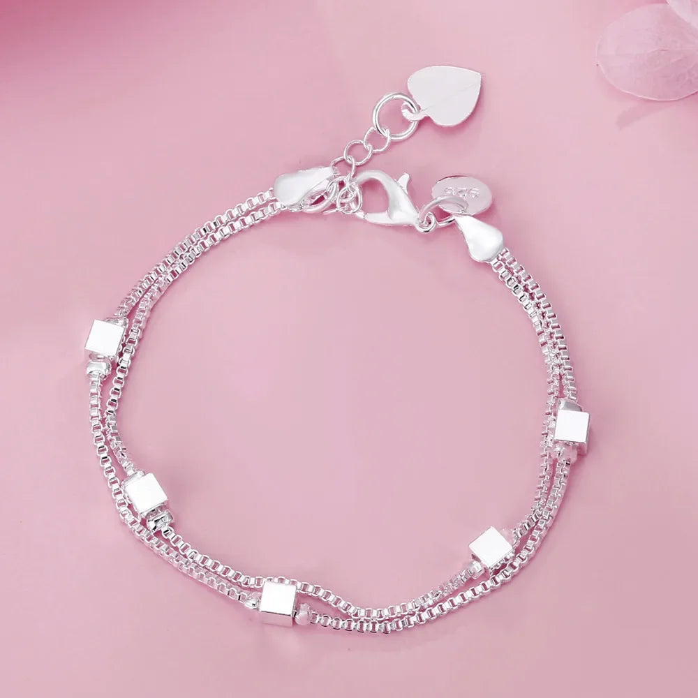 925 Sterling Silver Geometric Square Bracelet 22CM Length Box Chain Minimalist Fashion Women's Jewelry