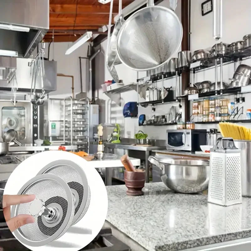 2 Set Kitchen Sink Strainer With Handle & Stopper Replacement Drain Basket Stainless Steel Mesh Filter Waste Hole
