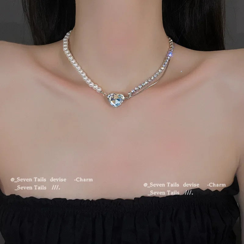 Simple Pearl Choker Necklaces for Women Fashion Double Layer Chain Small Love Heart Pendant Necklace Jewelry Gift Wholesale