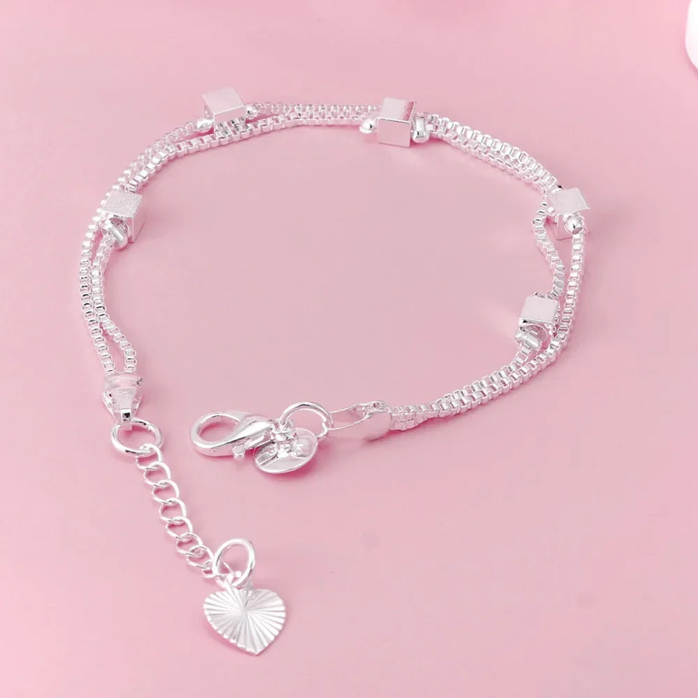 925 Sterling Silver Geometric Square Bracelet 22CM Length Box Chain Minimalist Fashion Women's Jewelry