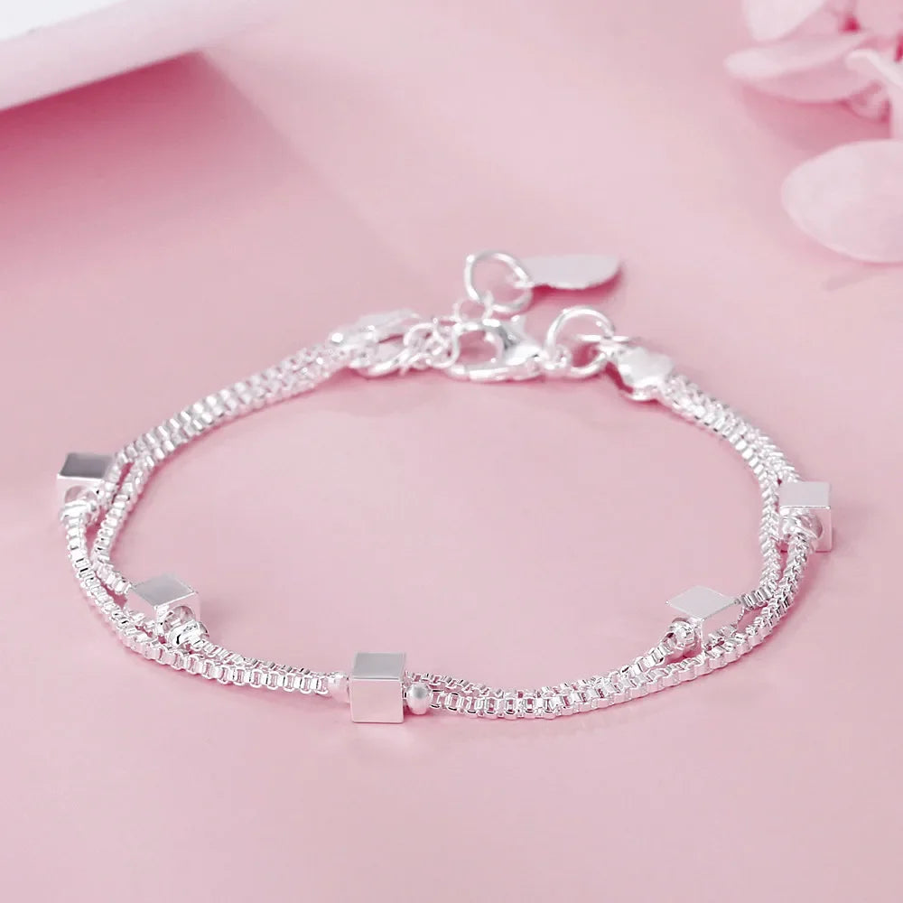 925 Sterling Silver Geometric Square Bracelet 22CM Length Box Chain Minimalist Fashion Women's Jewelry