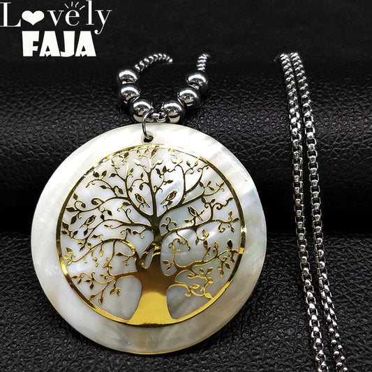 Tree of Life Stainless Steel Necklace for Women Gold Color Double Layer Bead Necklaces Jewelry Sautoirs Femme Longs N18431