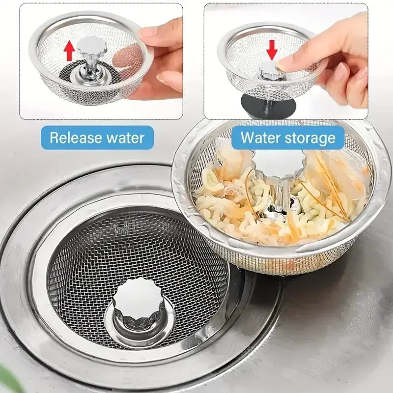 2 Set Kitchen Sink Strainer With Handle & Stopper Replacement Drain Basket Stainless Steel Mesh Filter Waste Hole