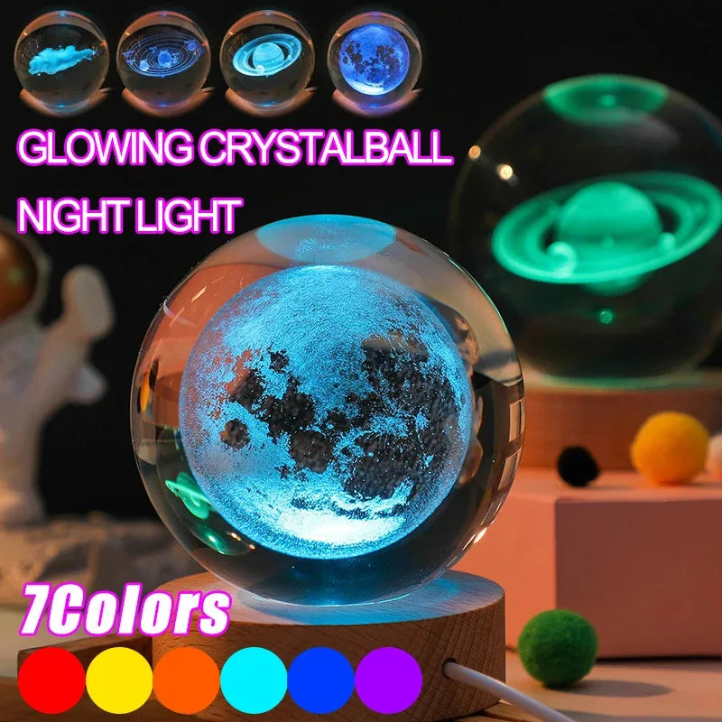 3D Crystal Ball Night Light Lamp Crystal Planet Laser Engraved Solar System Globe Astronomy Gift Birthday Glass Home Decoration