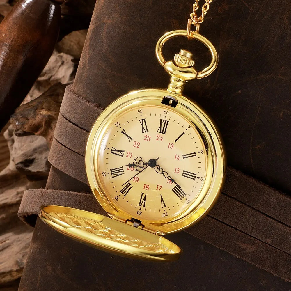 Antique Steampunk Vintage Roman Numerals Quartz Pocket Watch Gold Case Necklace Pendant Clock Chain Mens Women