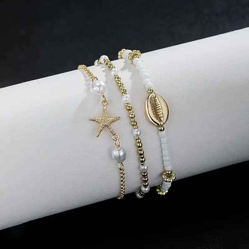 3 Pcs Beach Beaded Anklet Set for Women Vintage Summer Gold Color Starfish Shell Charms Anklet Vacation Daily Wear Jewelry Gifts