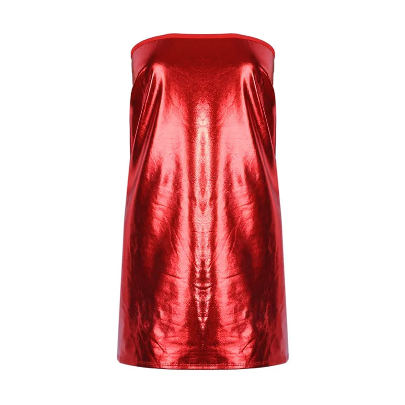 Sexy Dress Women PU Solid Color Dress Clubwear Imitation Leather Chest Wrap Dress Sleeveless Short Skirt For Ladies.