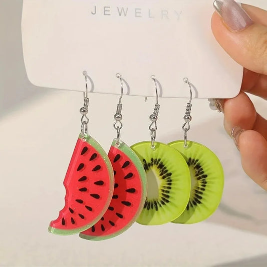 Trendy Summer Fruit Watermelon Kiwifruit Acrylic Earrings for Women Dangle Jewelry Ear Drop Exaggerated Party Decoration Gift
