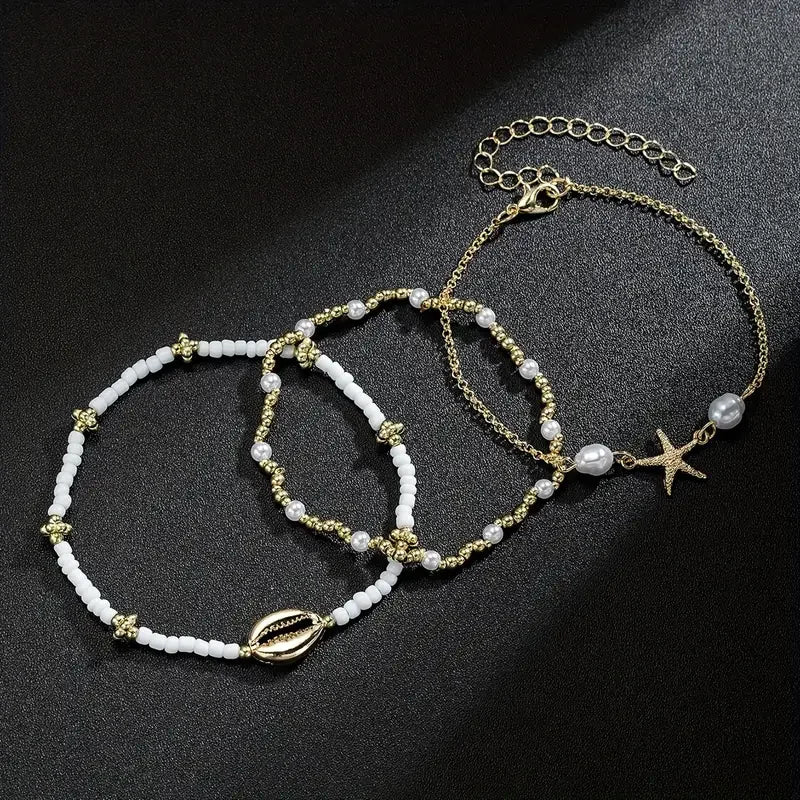 3 Pcs Beach Beaded Anklet Set for Women Vintage Summer Gold Color Starfish Shell Charms Anklet Vacation Daily Wear Jewelry Gifts