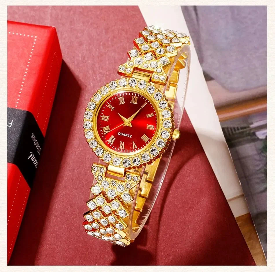 Golden Luxury Watch Women Ring Necklace Earring Rhinestone Fashion Wristwatch Casual Ladies Bracelet Watches Jewelry Set