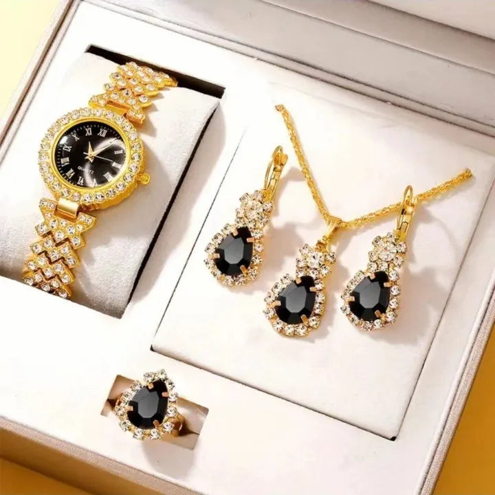 Golden Luxury Watch Women Ring Necklace Earring Rhinestone Fashion Wristwatch Casual Ladies Bracelet Watches Jewelry Set