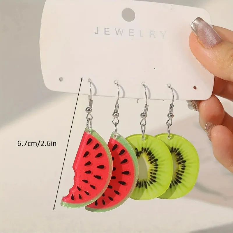 Trendy Summer Fruit Watermelon Kiwifruit Acrylic Earrings for Women Dangle Jewelry Ear Drop Exaggerated Party Decoration Gift