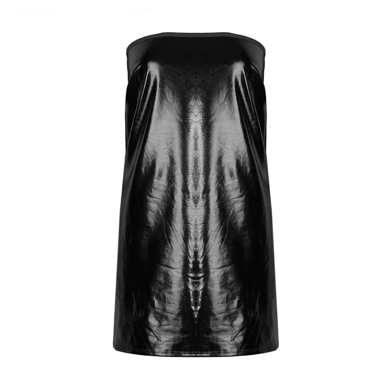 Sexy Dress Women PU Solid Color Dress Clubwear Imitation Leather Chest Wrap Dress Sleeveless Short Skirt For Ladies.