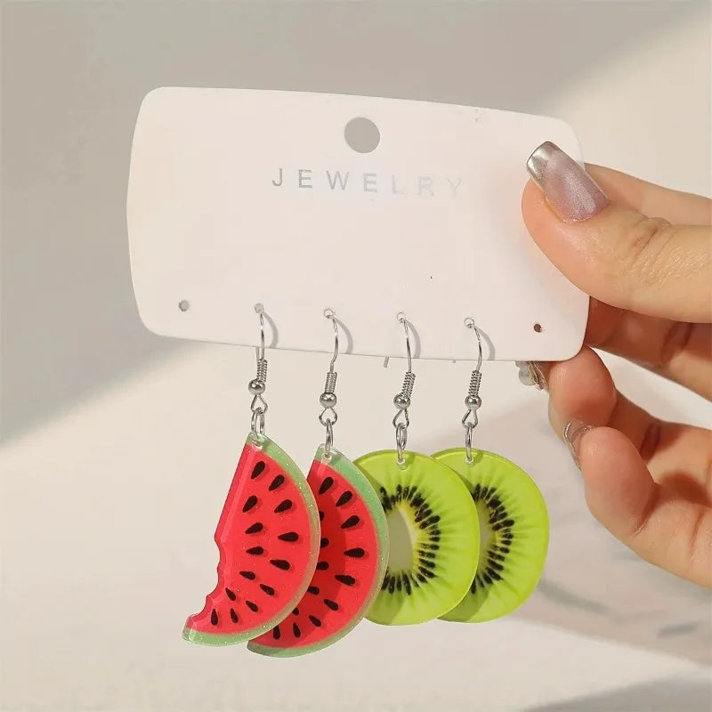 Trendy Summer Fruit Watermelon Kiwifruit Acrylic Earrings for Women Dangle Jewelry Ear Drop Exaggerated Party Decoration Gift