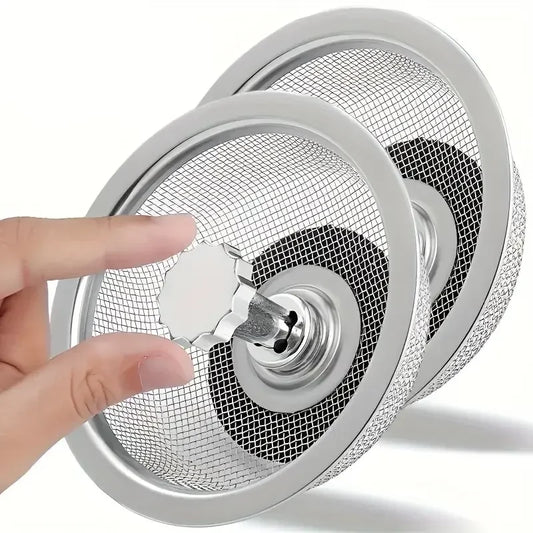 2 Set Kitchen Sink Strainer With Handle & Stopper Replacement Drain Basket Stainless Steel Mesh Filter Waste Hole