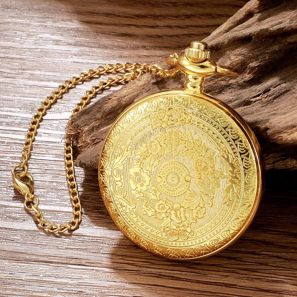 Antique Steampunk Vintage Roman Numerals Quartz Pocket Watch Gold Case Necklace Pendant Clock Chain Mens Women