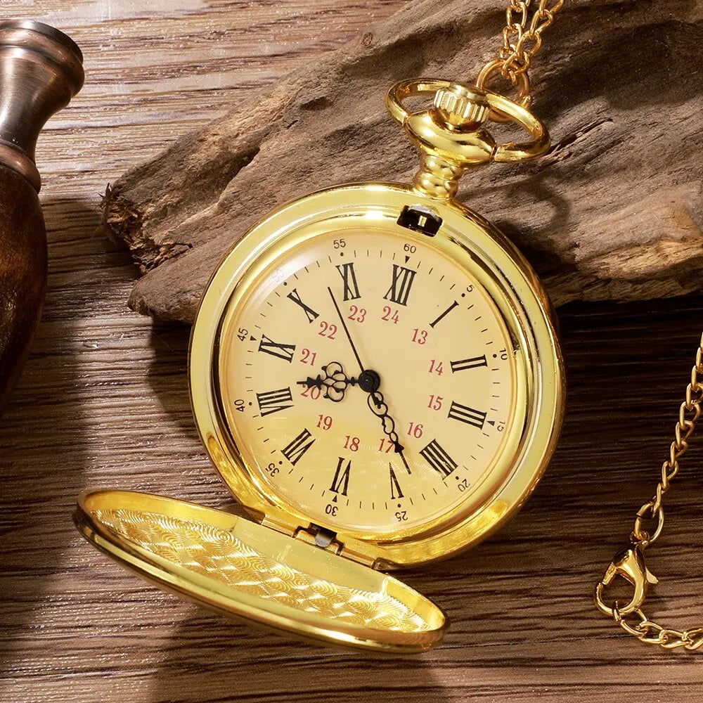 Antique Steampunk Vintage Roman Numerals Quartz Pocket Watch Gold Case Necklace Pendant Clock Chain Mens Women