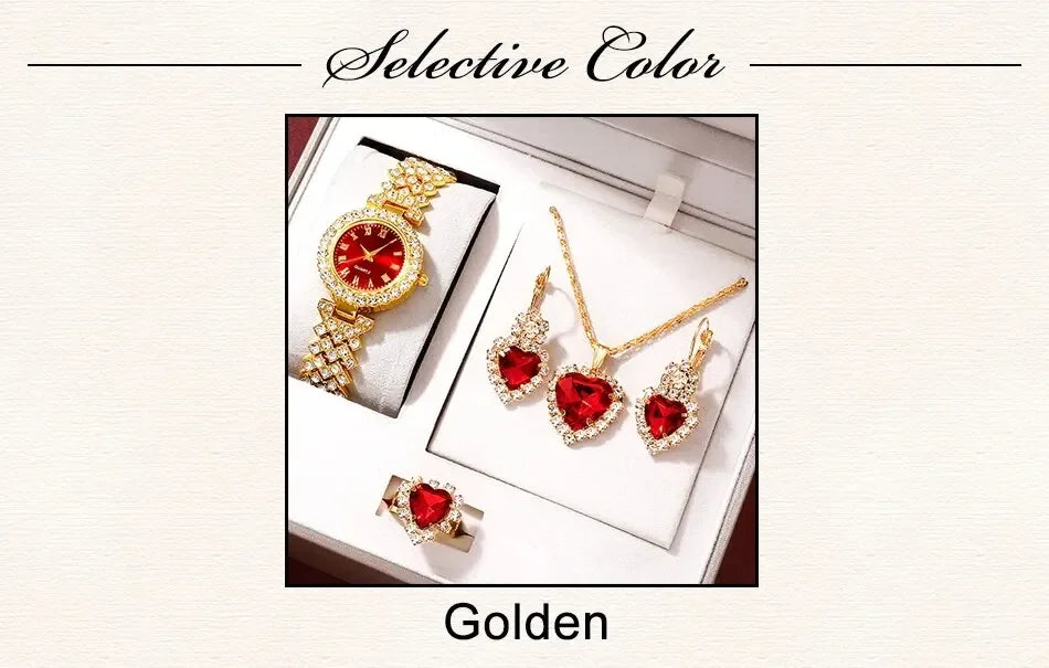 Golden Luxury Watch Women Ring Necklace Earring Rhinestone Fashion Wristwatch Casual Ladies Bracelet Watches Jewelry Set