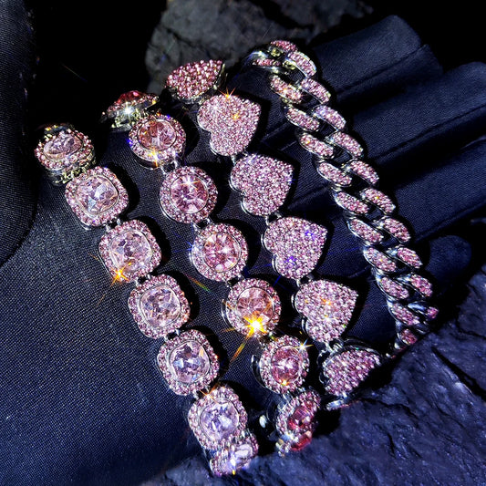 Iced Out Pink Cuban Bracelet for Women Hip Hop Gold Silver Color Crystal Heart Circle Square Bracelet 4Pcs Set Jewelry Gift