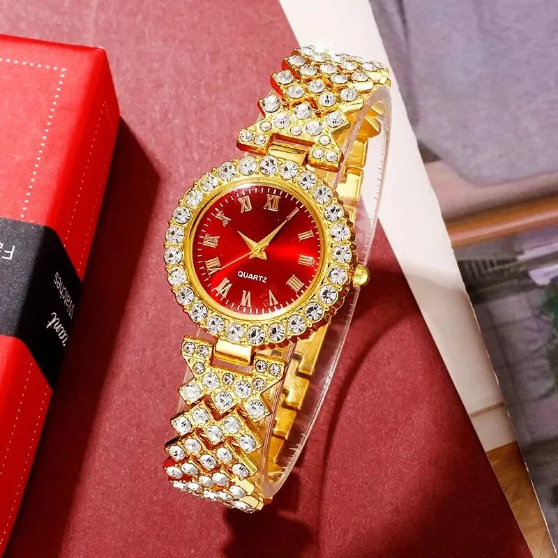 Golden Luxury Watch Women Ring Necklace Earring Rhinestone Fashion Wristwatch Casual Ladies Bracelet Watches Jewelry Set