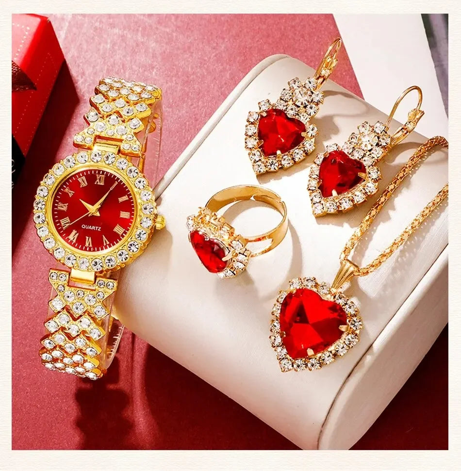 Golden Luxury Watch Women Ring Necklace Earring Rhinestone Fashion Wristwatch Casual Ladies Bracelet Watches Jewelry Set