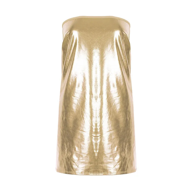 Sexy Dress Women PU Solid Color Dress Clubwear Imitation Leather Chest Wrap Dress Sleeveless Short Skirt For Ladies.