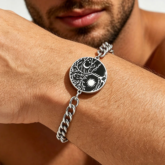 1PC Yggdrasil Tree of Life Bracelet Men Women Cuban Chain  Stainless Steel Sun Moon Norse Amulet Vintage Nordic  Retro