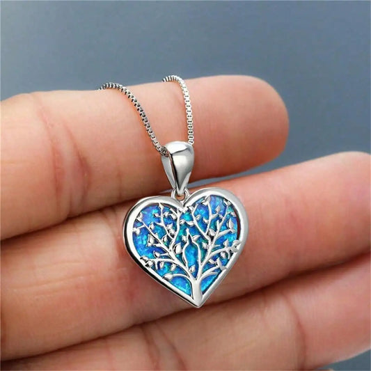 Fashion Love Heart Tree of Life Pendant Necklace For Women Inlay Blue Imitation Opal Necklace Wedding Jewelry Birthday Gifts